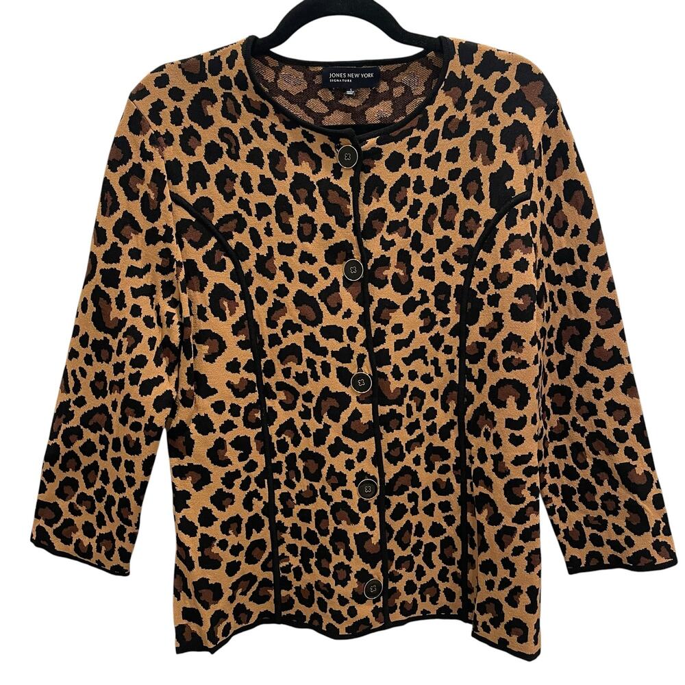 Jones New York Signature Leopard Print Cardigan Sweater L Large Button Piping